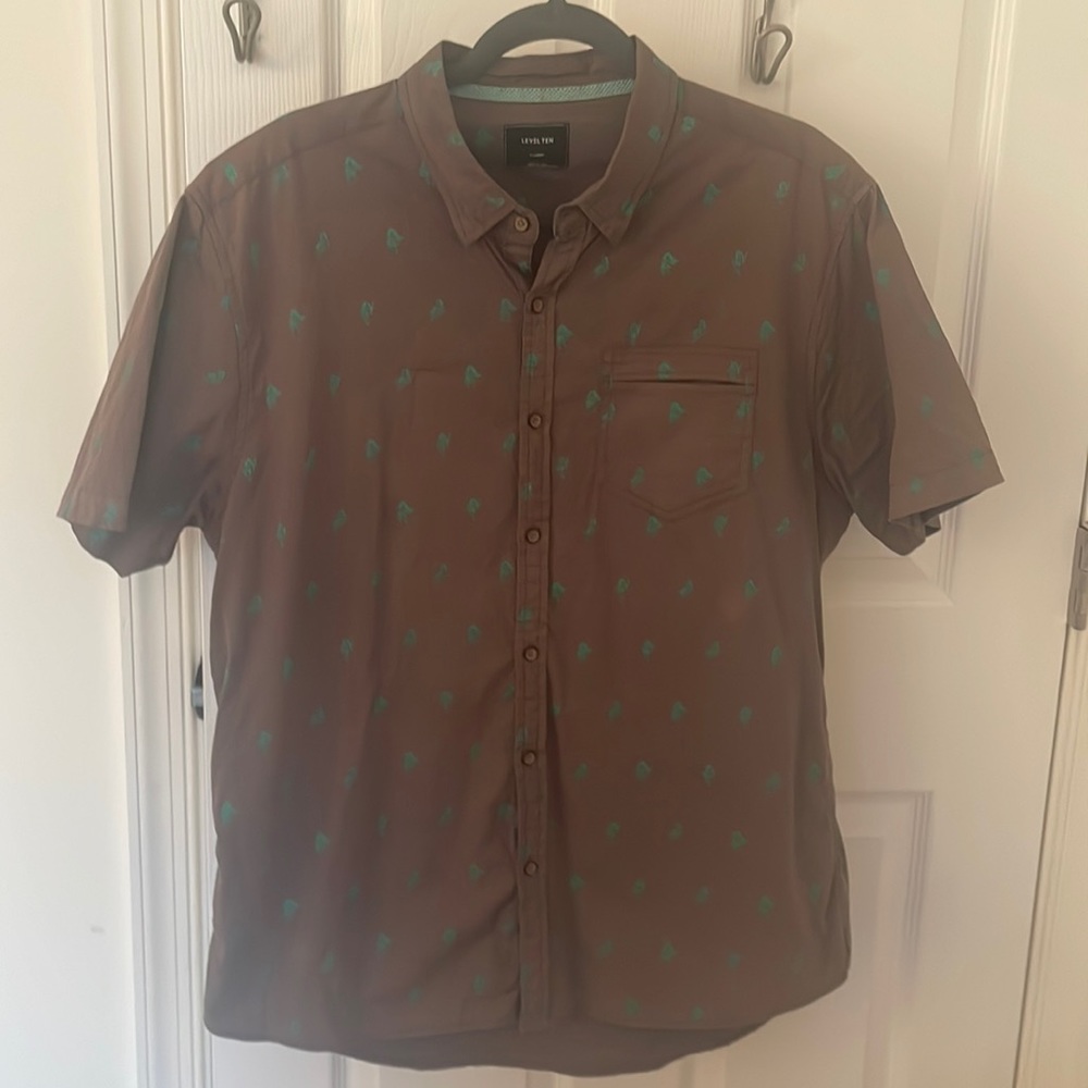 Level Ten XL mens hula girl button down Hawaiian brown with green print